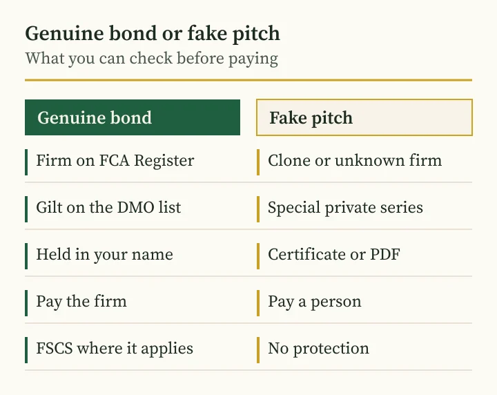 Andriy Saranenko fraud guide: diagram comparing a genuine UK bond with a fake pitch